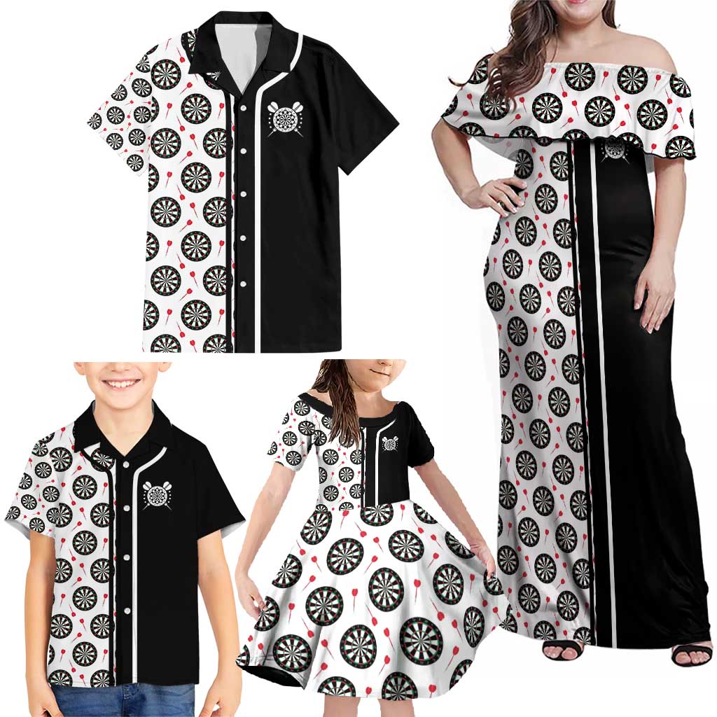 Personalized Black and White Dartboard Family Matching Off Shoulder Maxi Dress and Hawaiian Shirt Bullseye Target Design for Dart Players - Wonder Print Shop