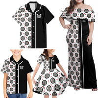 Personalized Black and White Dartboard Family Matching Off Shoulder Maxi Dress and Hawaiian Shirt Bullseye Target Design for Dart Players - Wonder Print Shop