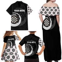 Personalized Black and White Dartboard Family Matching Off Shoulder Maxi Dress and Hawaiian Shirt Bullseye Target Design for Dart Players - Wonder Print Shop