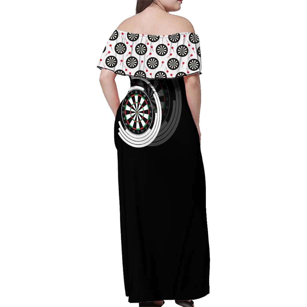 Personalized Black and White Dartboard Family Matching Off Shoulder Maxi Dress and Hawaiian Shirt Bullseye Target Design for Dart Players - Wonder Print Shop