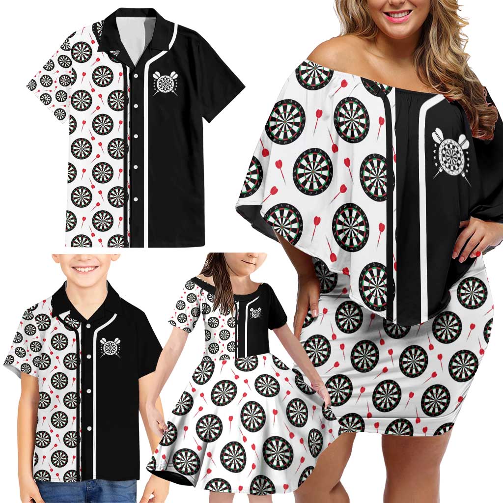 Personalized Black and White Dartboard Family Matching Off Shoulder Short Dress and Hawaiian Shirt Bullseye Target Design for Dart Players - Wonder Print Shop