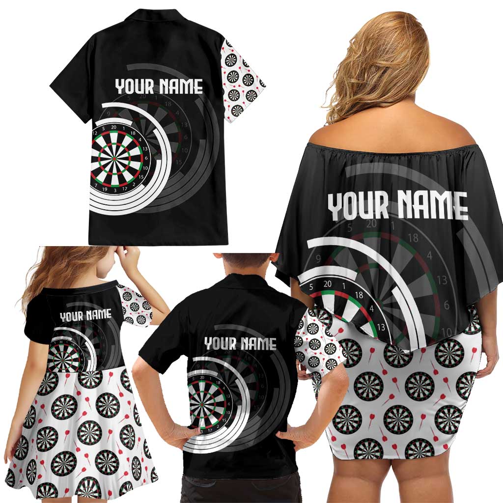 Personalized Black and White Dartboard Family Matching Off Shoulder Short Dress and Hawaiian Shirt Bullseye Target Design for Dart Players - Wonder Print Shop