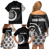 Personalized Black and White Dartboard Family Matching Off Shoulder Short Dress and Hawaiian Shirt Bullseye Target Design for Dart Players - Wonder Print Shop