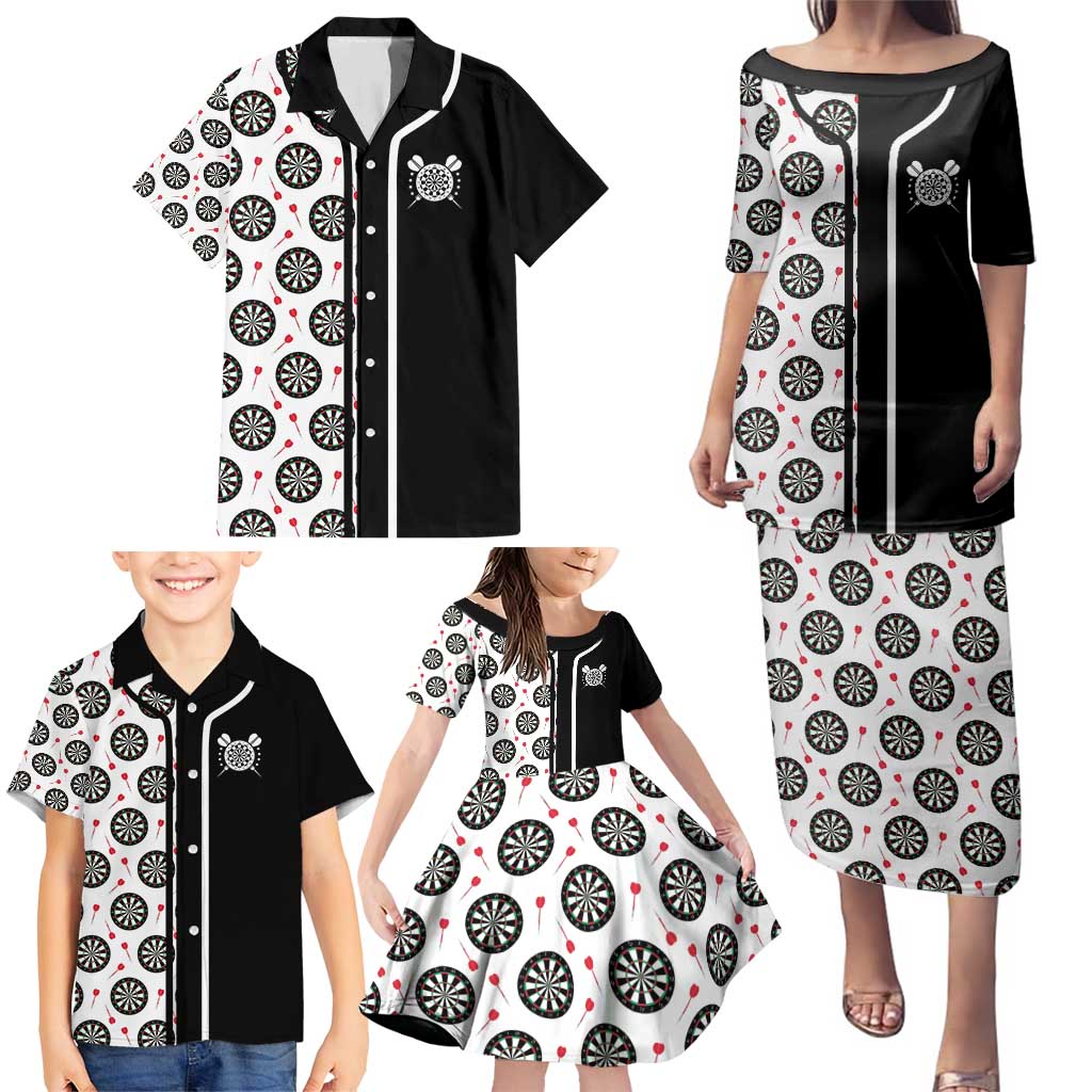 Personalized Black and White Dartboard Family Matching Puletasi and Hawaiian Shirt Bullseye Target Design for Dart Players - Wonder Print Shop