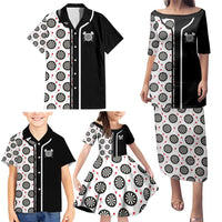 Personalized Black and White Dartboard Family Matching Puletasi and Hawaiian Shirt Bullseye Target Design for Dart Players - Wonder Print Shop