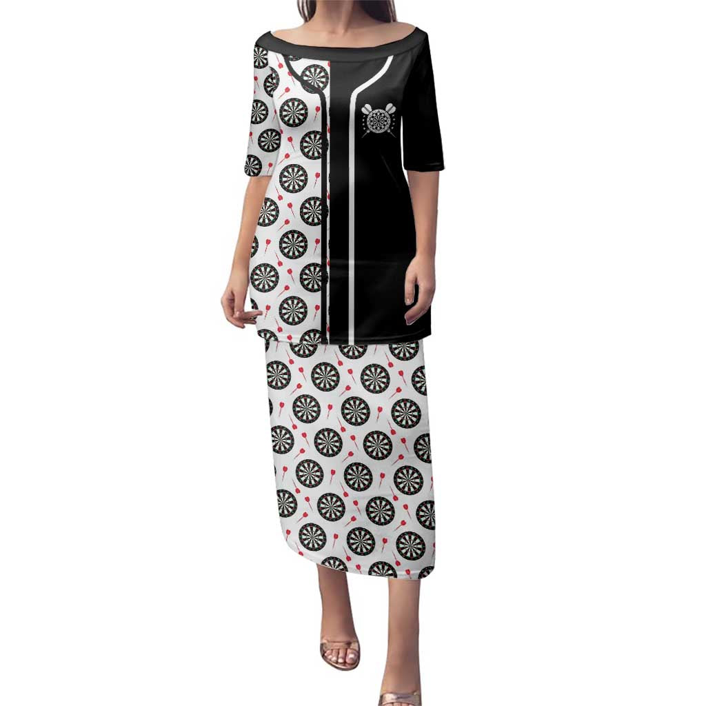 Personalized Black and White Dartboard Family Matching Puletasi and Hawaiian Shirt Bullseye Target Design for Dart Players - Wonder Print Shop