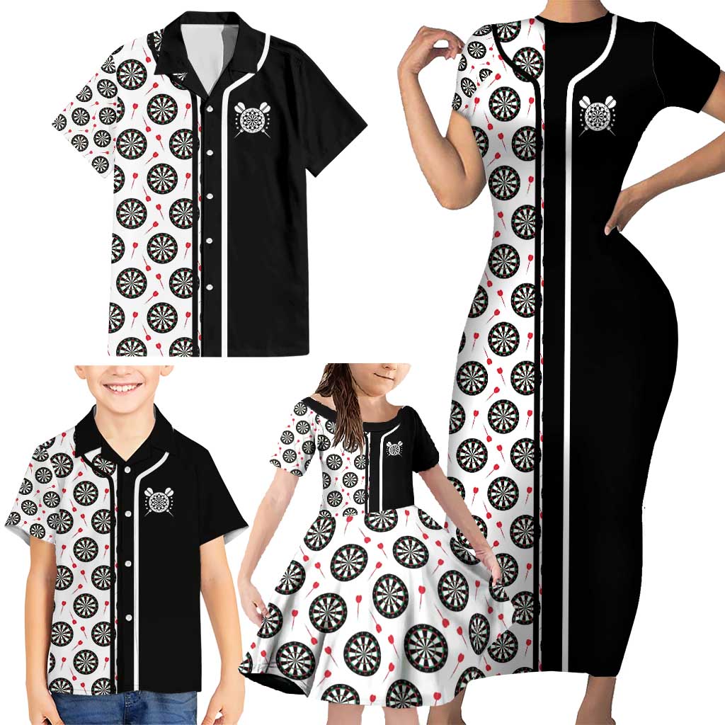 Personalized Black and White Dartboard Family Matching Short Sleeve Bodycon Dress and Hawaiian Shirt Bullseye Target Design for Dart Players - Wonder Print Shop