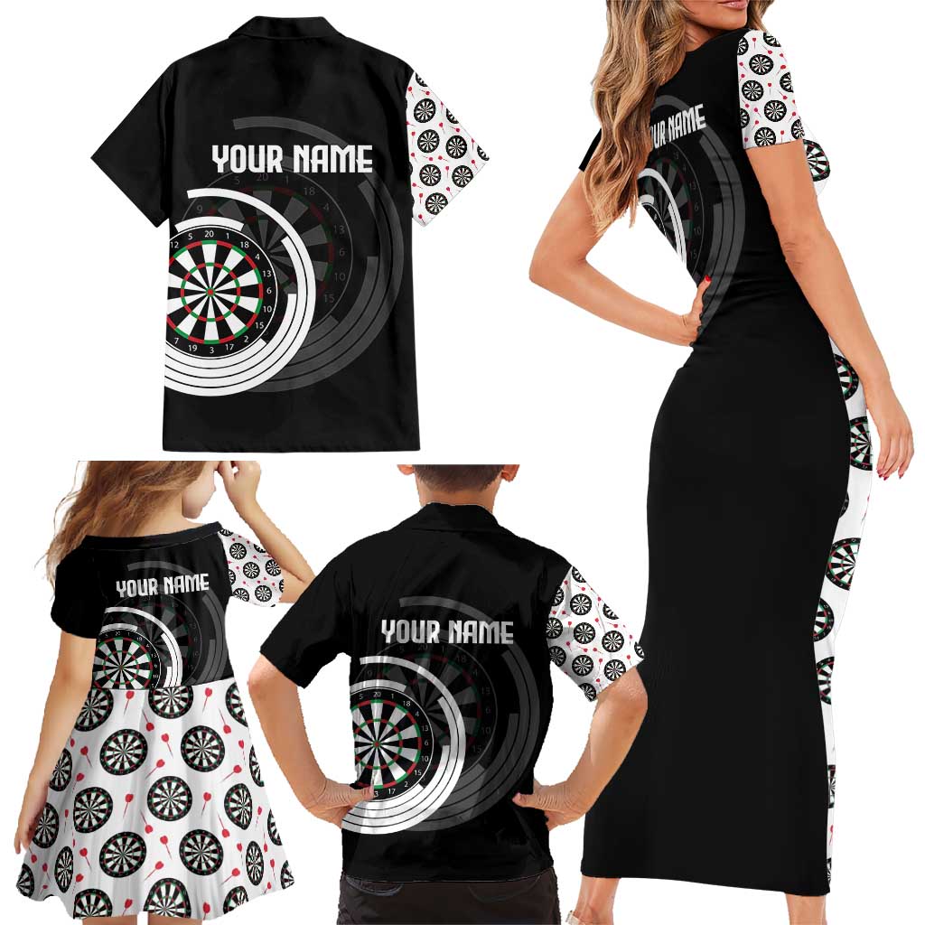 Personalized Black and White Dartboard Family Matching Short Sleeve Bodycon Dress and Hawaiian Shirt Bullseye Target Design for Dart Players - Wonder Print Shop