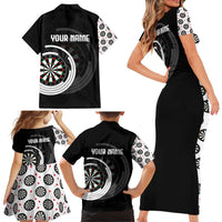 Personalized Black and White Dartboard Family Matching Short Sleeve Bodycon Dress and Hawaiian Shirt Bullseye Target Design for Dart Players - Wonder Print Shop