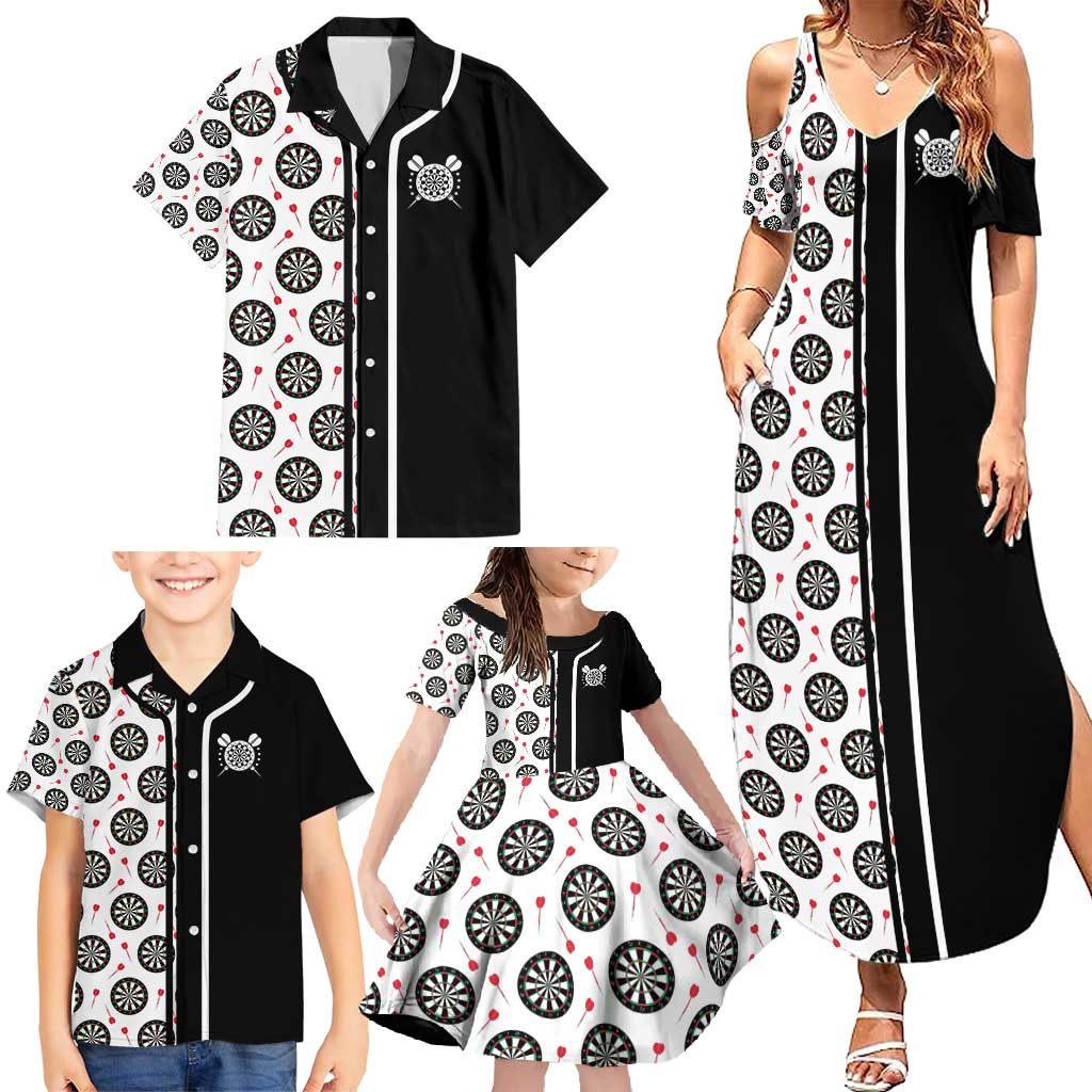 Personalized Black and White Dartboard Family Matching Summer Maxi Dress and Hawaiian Shirt Bullseye Target Design for Dart Players - Wonder Print Shop