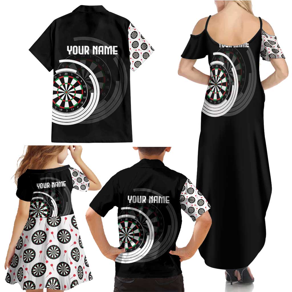 Personalized Black and White Dartboard Family Matching Summer Maxi Dress and Hawaiian Shirt Bullseye Target Design for Dart Players - Wonder Print Shop