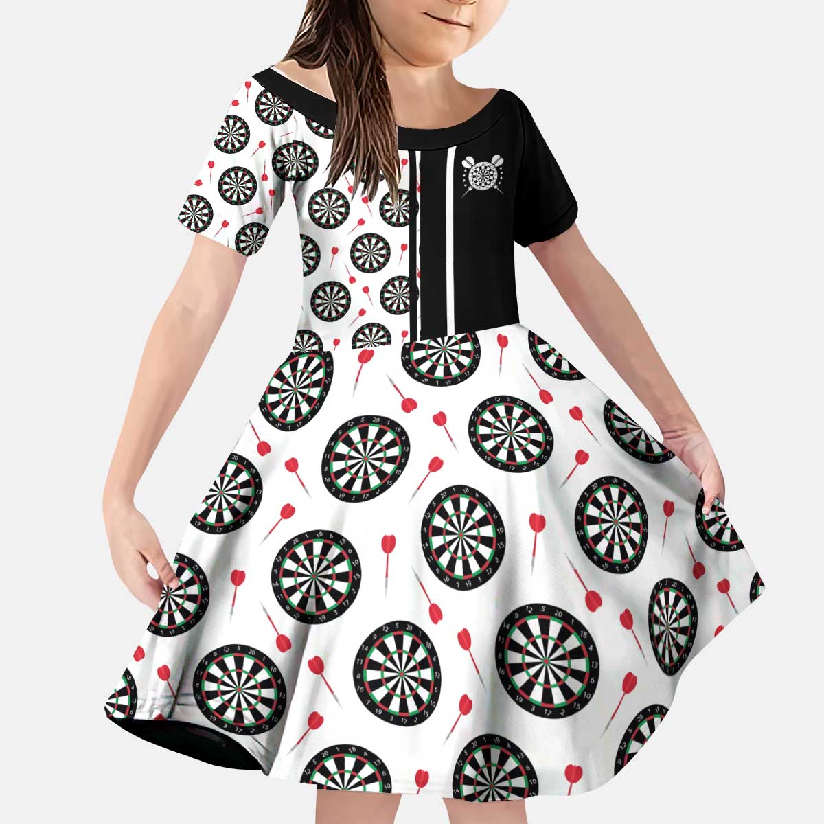 Personalized Black and White Dartboard Kid Short Sleeve Dress Bullseye Target Design for Dart Players - Wonder Print Shop