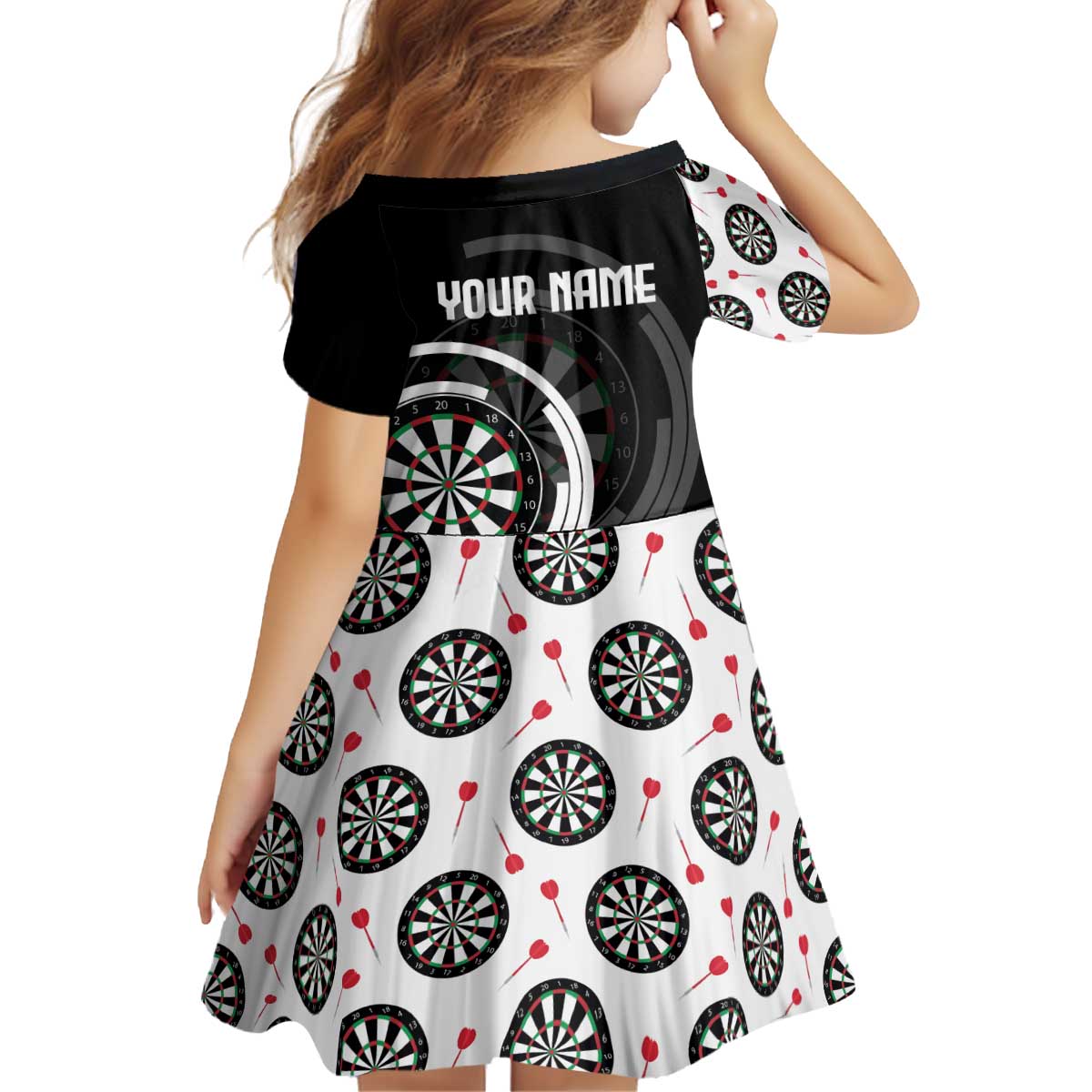 Personalized Black and White Dartboard Kid Short Sleeve Dress Bullseye Target Design for Dart Players - Wonder Print Shop