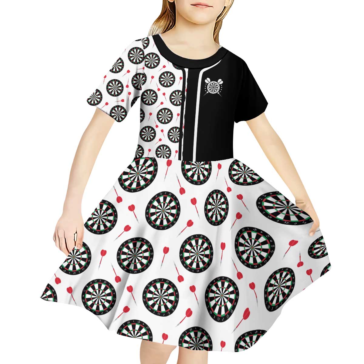 Personalized Black and White Dartboard Kid Short Sleeve Dress Bullseye Target Design for Dart Players - Wonder Print Shop