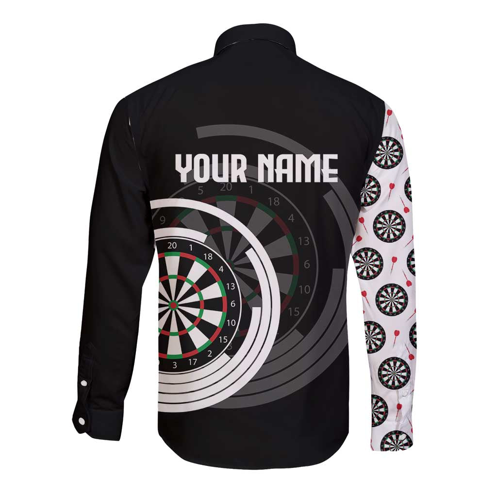 Personalized Black and White Dartboard Long Sleeve Button Shirt Bullseye Target Design for Dart Players - Wonder Print Shop