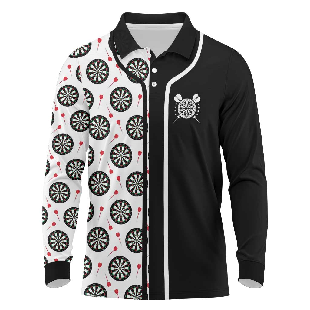 Personalized Black and White Dartboard Long Sleeve Polo Shirt Bullseye Target Design for Dart Players - Wonder Print Shop