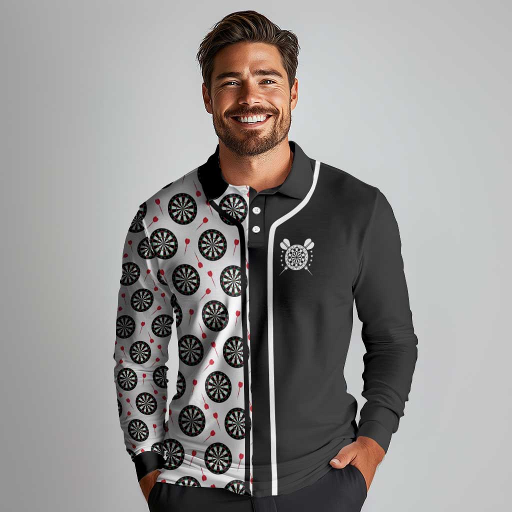 Personalized Black and White Dartboard Long Sleeve Polo Shirt Bullseye Target Design for Dart Players - Wonder Print Shop