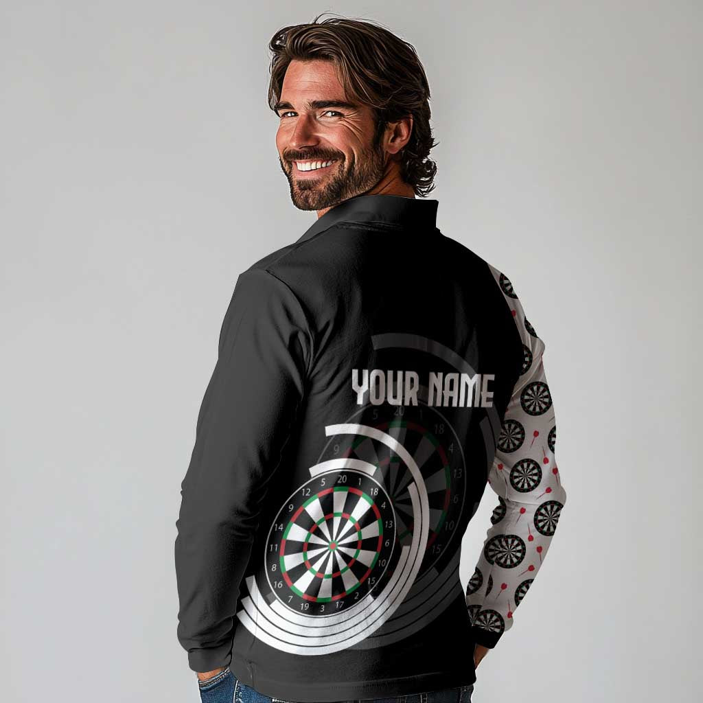 Personalized Black and White Dartboard Long Sleeve Polo Shirt Bullseye Target Design for Dart Players - Wonder Print Shop