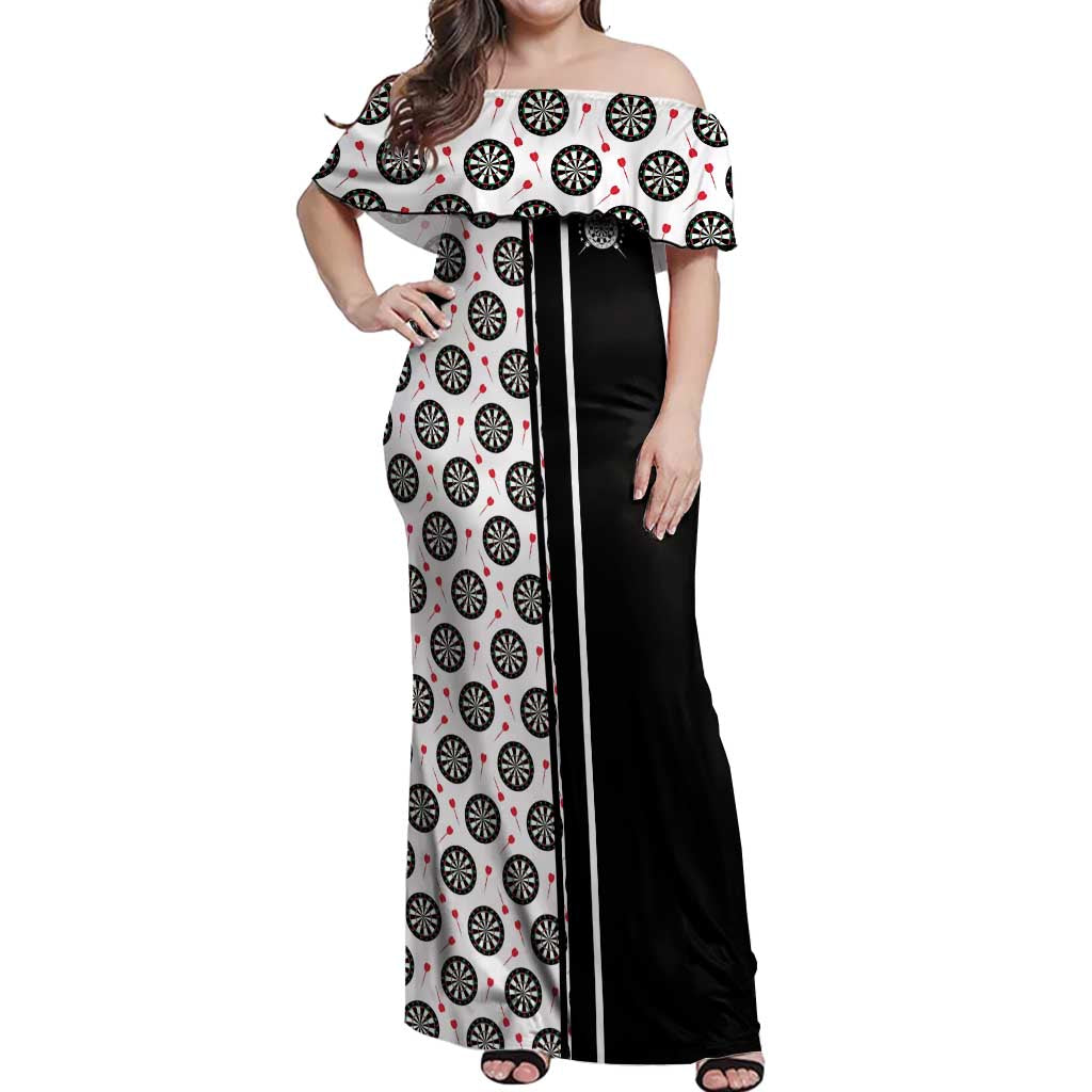 Personalized Black and White Dartboard Off Shoulder Maxi Dress Bullseye Target Design for Dart Players - Wonder Print Shop