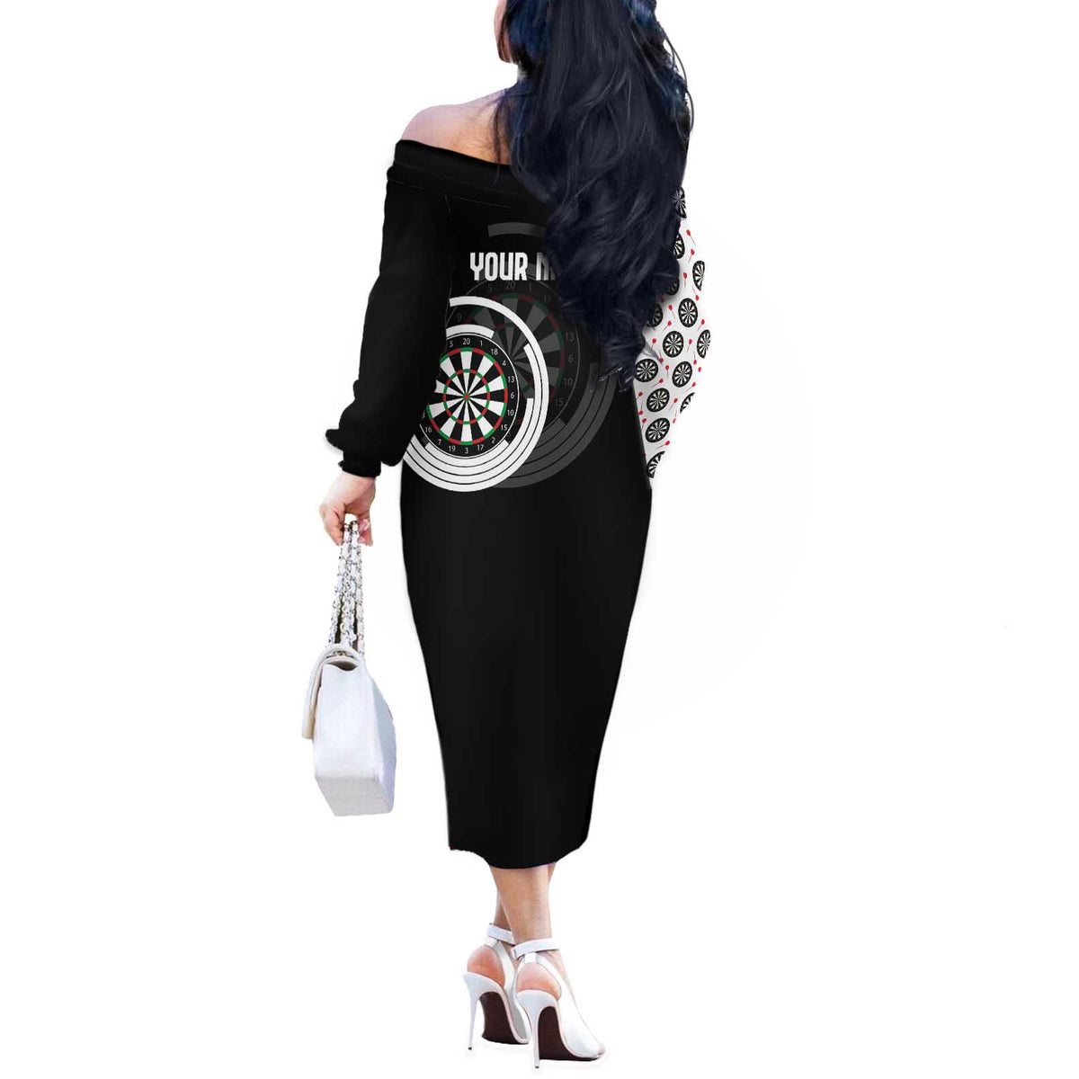 Personalized Black and White Dartboard Off The Shoulder Long Sleeve Dress Bullseye Target Design for Dart Players - Wonder Print Shop