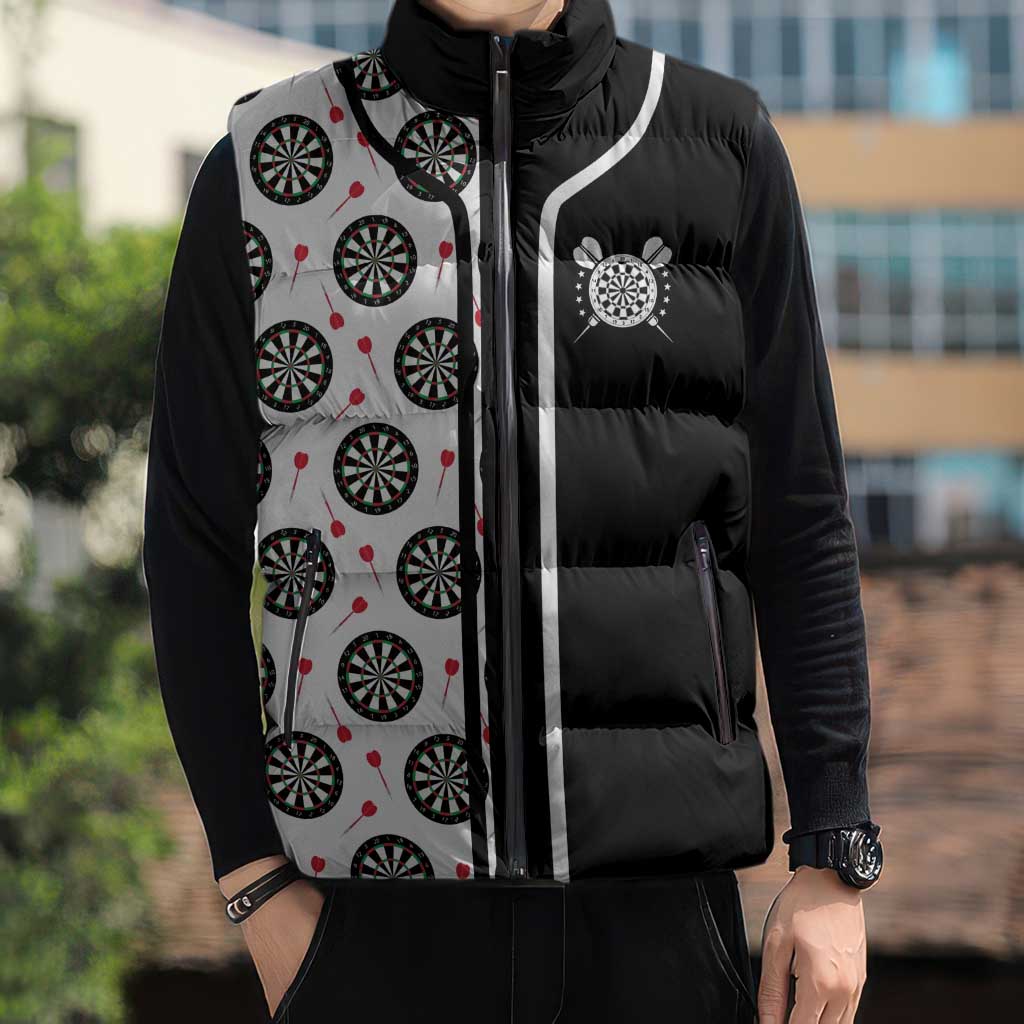 Personalized Black and White Dartboard Sleeveless Puffer Jacket Bullseye Target Design for Dart Players - Wonder Print Shop