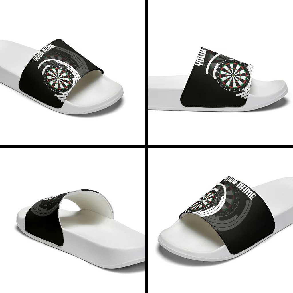Personalized Black and White Dartboard Slide Sandals Bullseye Target Design for Dart Players - Wonder Print Shop