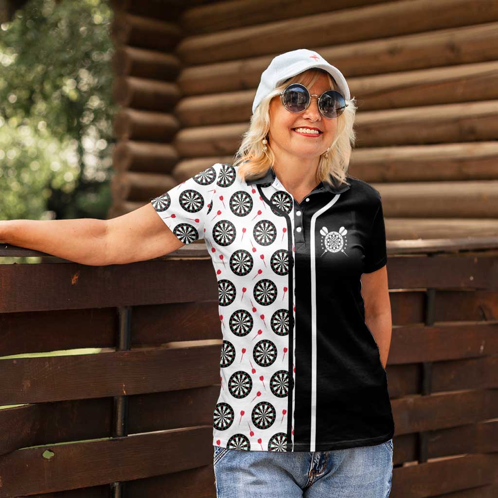 Personalized Black and White Dartboard Women Polo Shirt Bullseye Target Design for Dart Players - Wonder Print Shop