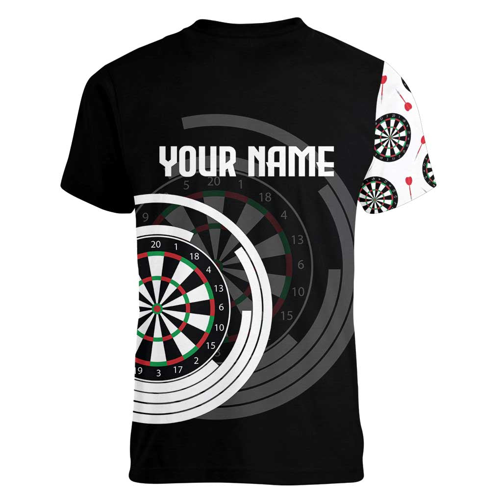 Personalized Black and White Dartboard Women V-Neck T-Shirt Bullseye Target Design for Dart Players - Wonder Print Shop