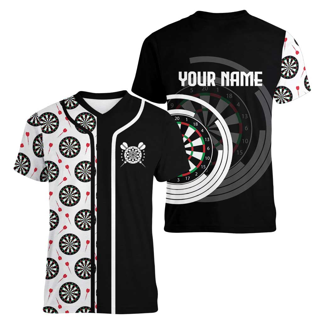 Personalized Black and White Dartboard Women V-Neck T-Shirt Bullseye Target Design for Dart Players - Wonder Print Shop