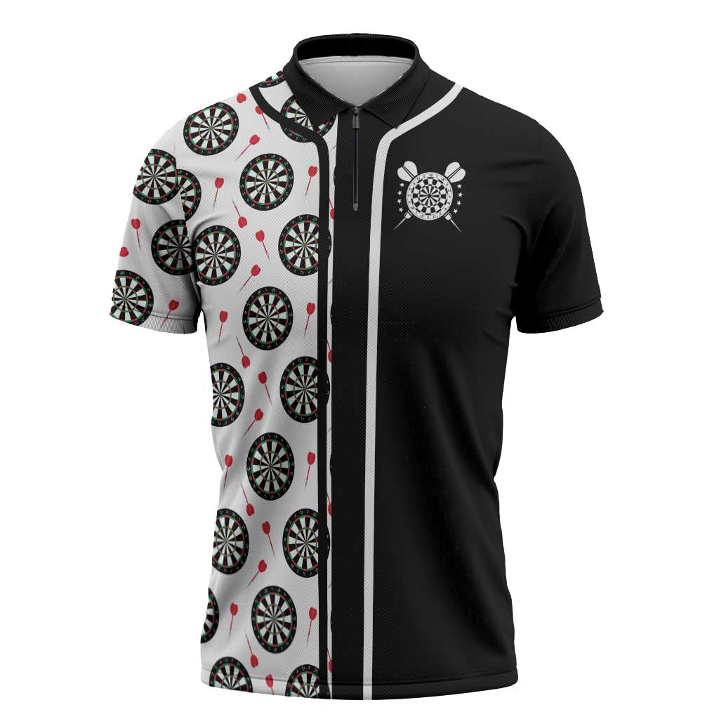 Personalized Black and White Dartboard Zipper Polo Shirt Bullseye Target Design for Dart Players - Wonder Print Shop