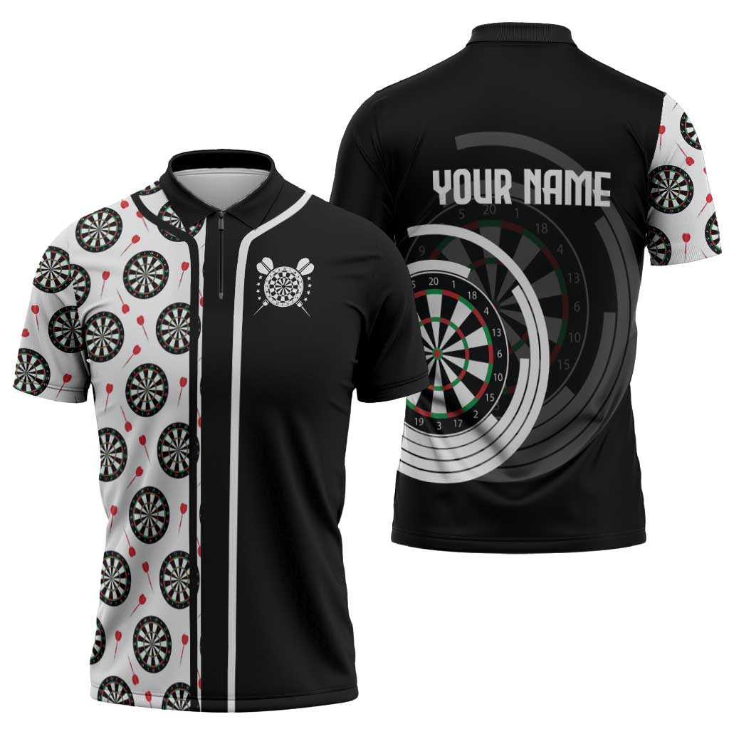 Personalized Black and White Dartboard Zipper Polo Shirt Bullseye Target Design for Dart Players - Wonder Print Shop