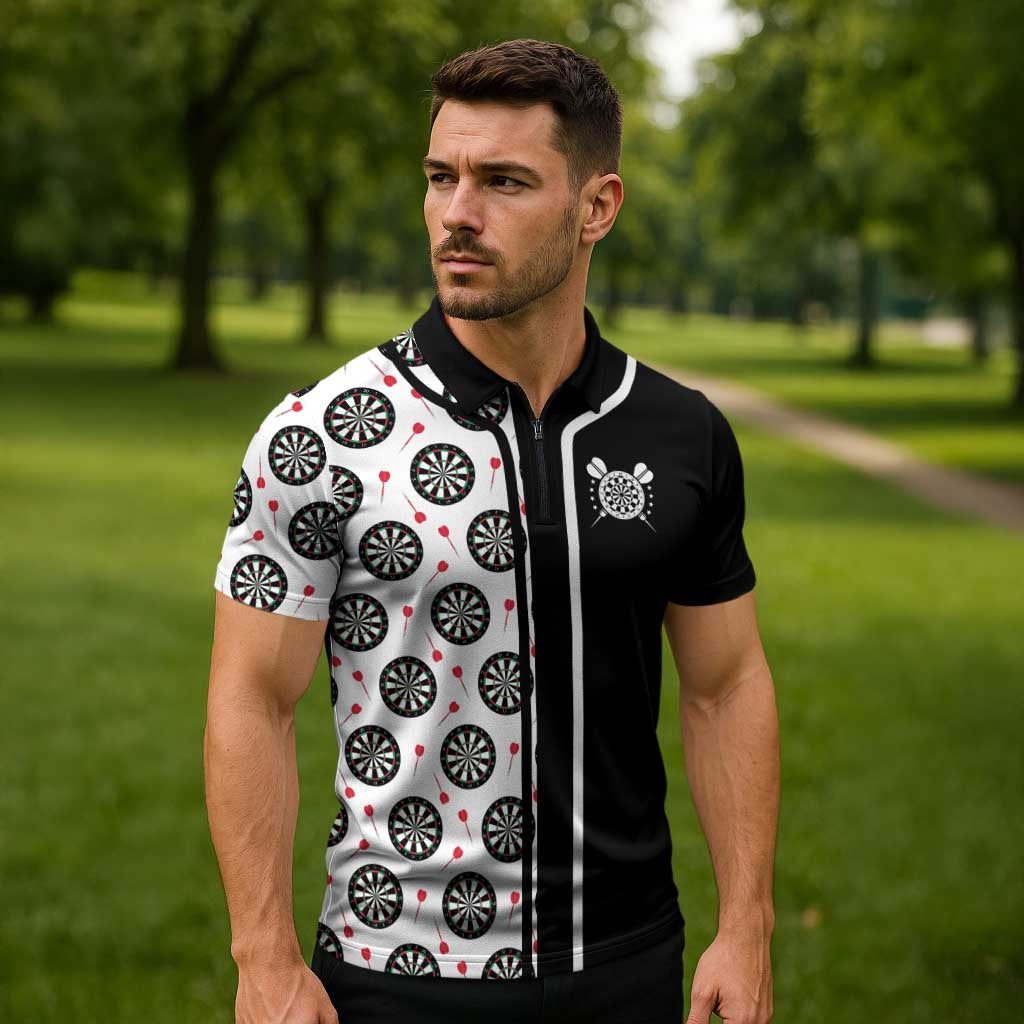 Personalized Black and White Dartboard Zipper Polo Shirt Bullseye Target Design for Dart Players - Wonder Print Shop