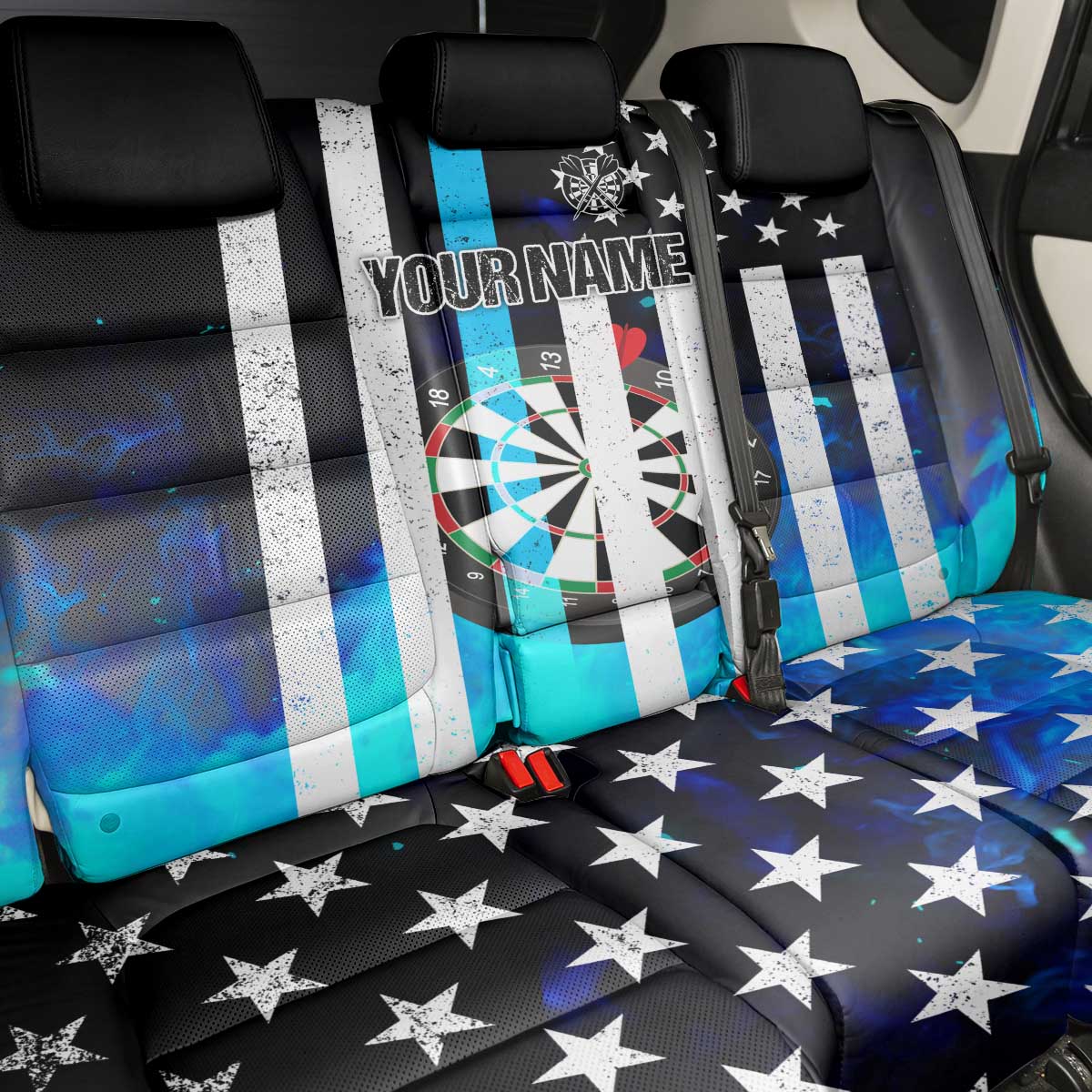 Personalized Blue Flame American Flag Dart Back Car Seat Cover Patriotic Dartboard Design - Wonder Print Shop