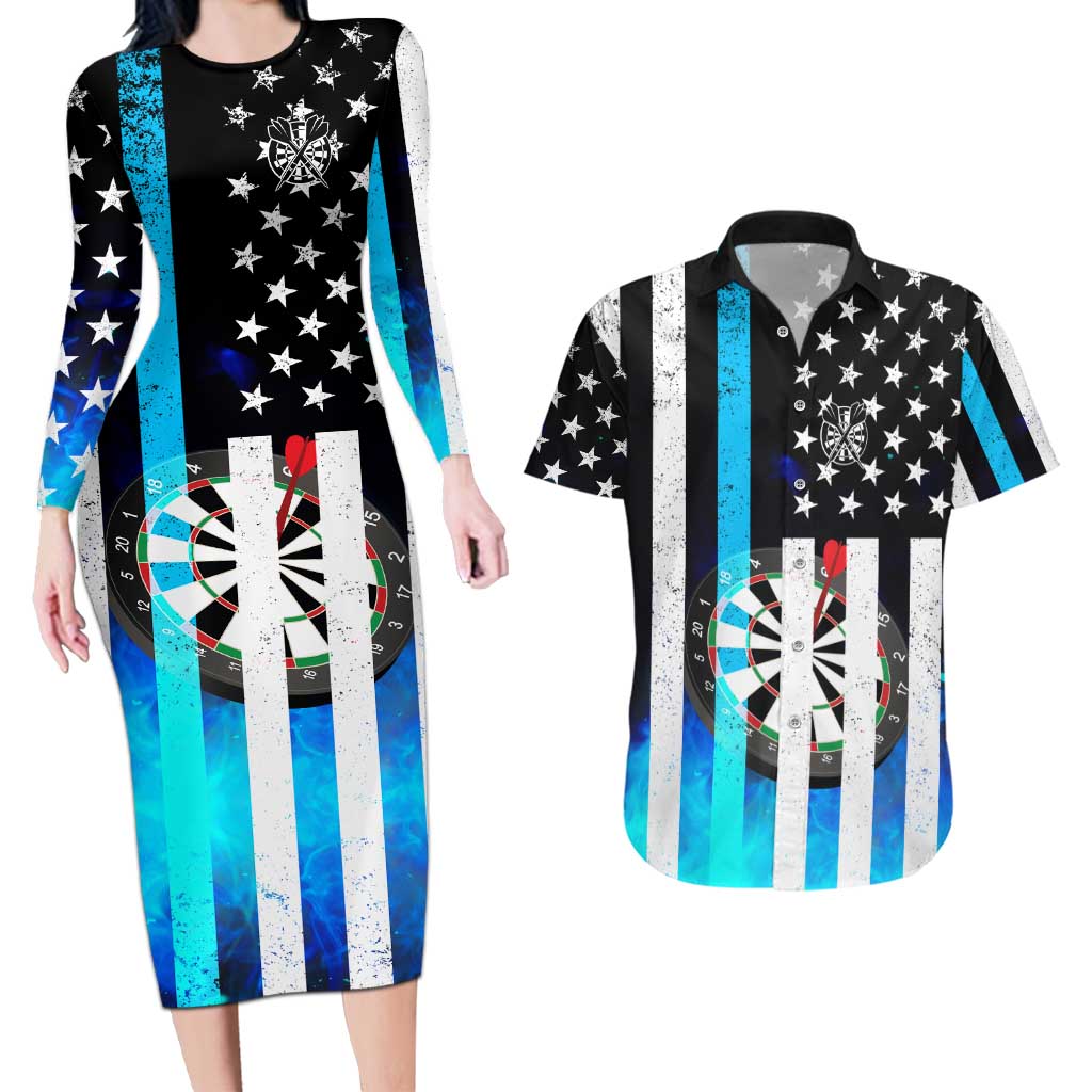 Personalized Blue Flame American Flag Dart Couples Matching Long Sleeve Bodycon Dress and Hawaiian Shirt Patriotic Dartboard Design - Wonder Print Shop