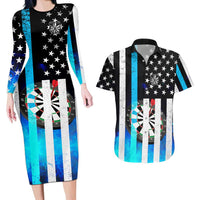 Personalized Blue Flame American Flag Dart Couples Matching Long Sleeve Bodycon Dress and Hawaiian Shirt Patriotic Dartboard Design - Wonder Print Shop