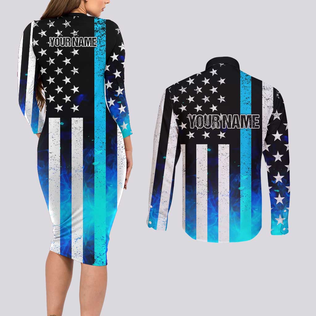 Personalized Blue Flame American Flag Dart Couples Matching Long Sleeve Bodycon Dress and Long Sleeve Button Shirt Patriotic Dartboard Design - Wonder Print Shop
