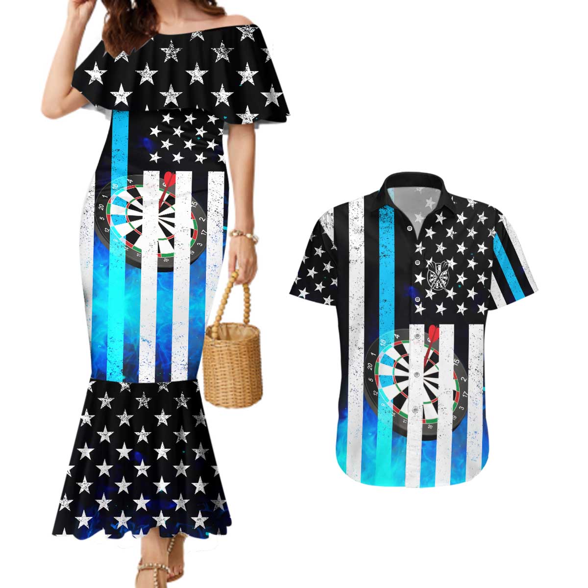 Personalized Blue Flame American Flag Dart Couples Matching Mermaid Dress and Hawaiian Shirt Patriotic Dartboard Design - Wonder Print Shop