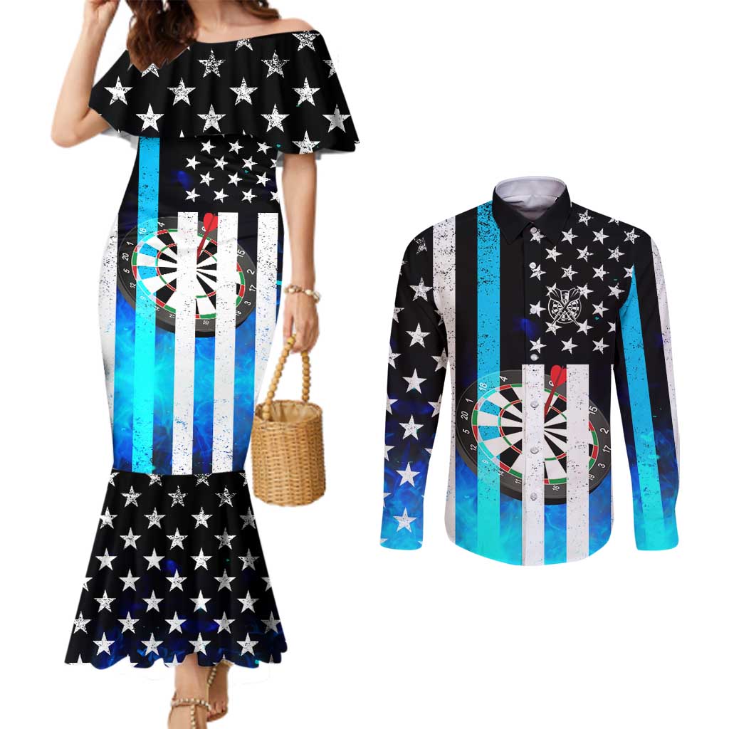 Personalized Blue Flame American Flag Dart Couples Matching Mermaid Dress and Long Sleeve Button Shirt Patriotic Dartboard Design - Wonder Print Shop