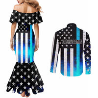 Personalized Blue Flame American Flag Dart Couples Matching Mermaid Dress and Long Sleeve Button Shirt Patriotic Dartboard Design - Wonder Print Shop