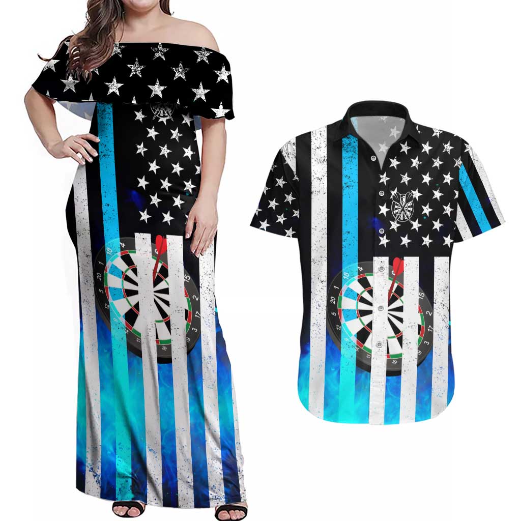 Personalized Blue Flame American Flag Dart Couples Matching Off Shoulder Maxi Dress and Hawaiian Shirt Patriotic Dartboard Design - Wonder Print Shop