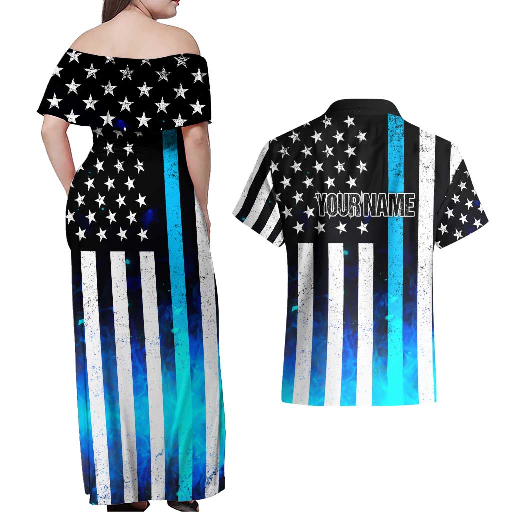 Personalized Blue Flame American Flag Dart Couples Matching Off Shoulder Maxi Dress and Hawaiian Shirt Patriotic Dartboard Design - Wonder Print Shop