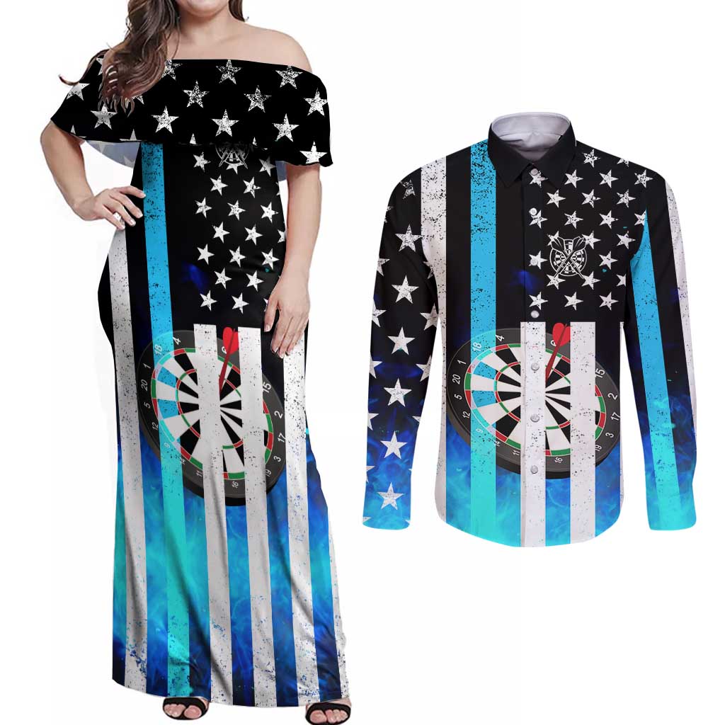 Personalized Blue Flame American Flag Dart Couples Matching Off Shoulder Maxi Dress and Long Sleeve Button Shirt Patriotic Dartboard Design - Wonder Print Shop