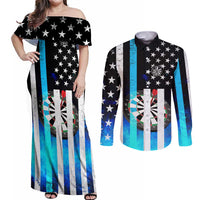 Personalized Blue Flame American Flag Dart Couples Matching Off Shoulder Maxi Dress and Long Sleeve Button Shirt Patriotic Dartboard Design - Wonder Print Shop