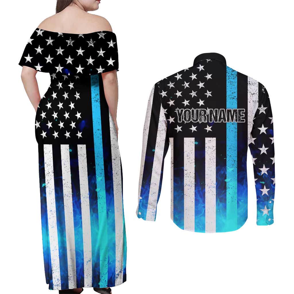 Personalized Blue Flame American Flag Dart Couples Matching Off Shoulder Maxi Dress and Long Sleeve Button Shirt Patriotic Dartboard Design - Wonder Print Shop