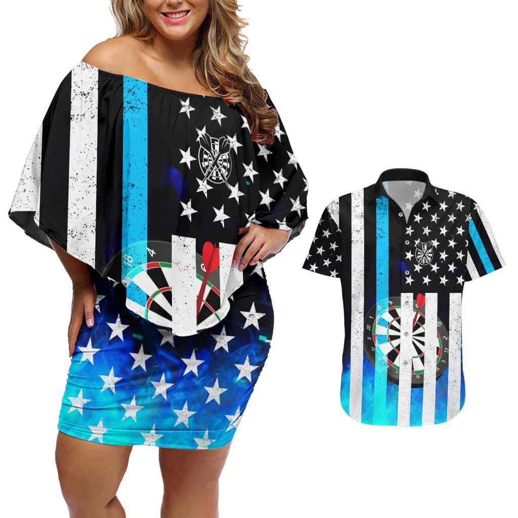 Personalized Blue Flame American Flag Dart Couples Matching Off Shoulder Short Dress and Hawaiian Shirt Patriotic Dartboard Design - Wonder Print Shop