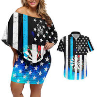 Personalized Blue Flame American Flag Dart Couples Matching Off Shoulder Short Dress and Hawaiian Shirt Patriotic Dartboard Design - Wonder Print Shop