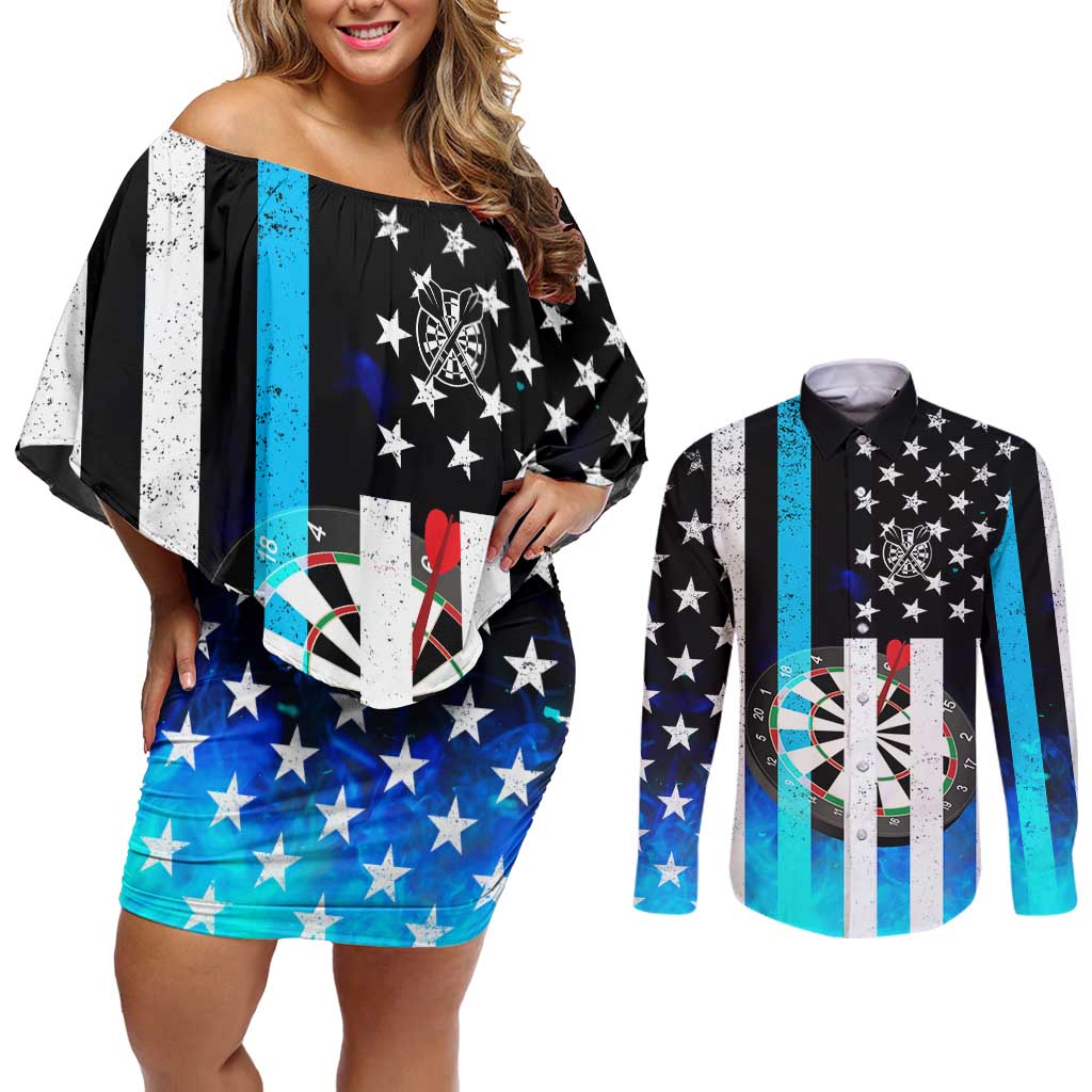 Personalized Blue Flame American Flag Dart Couples Matching Off Shoulder Short Dress and Long Sleeve Button Shirt Patriotic Dartboard Design - Wonder Print Shop