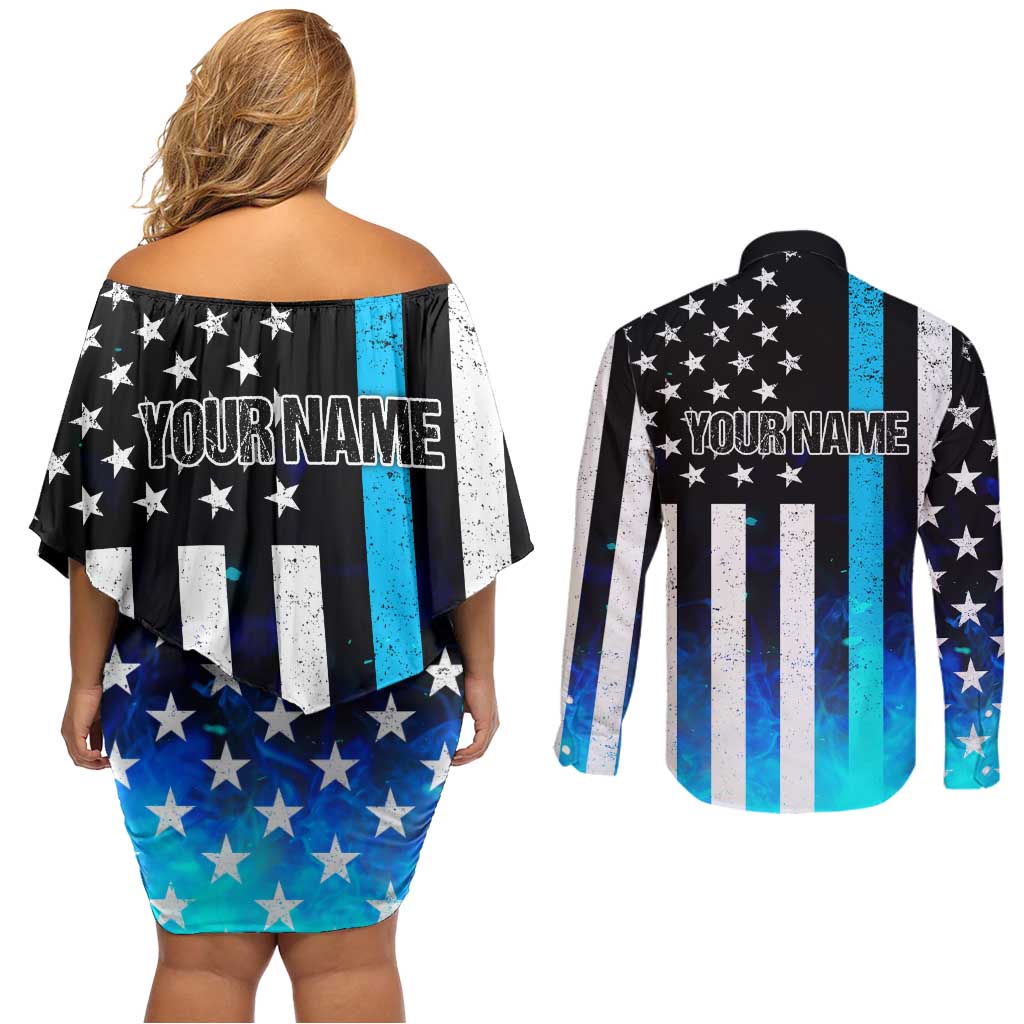 Personalized Blue Flame American Flag Dart Couples Matching Off Shoulder Short Dress and Long Sleeve Button Shirt Patriotic Dartboard Design - Wonder Print Shop