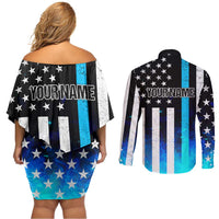Personalized Blue Flame American Flag Dart Couples Matching Off Shoulder Short Dress and Long Sleeve Button Shirt Patriotic Dartboard Design - Wonder Print Shop