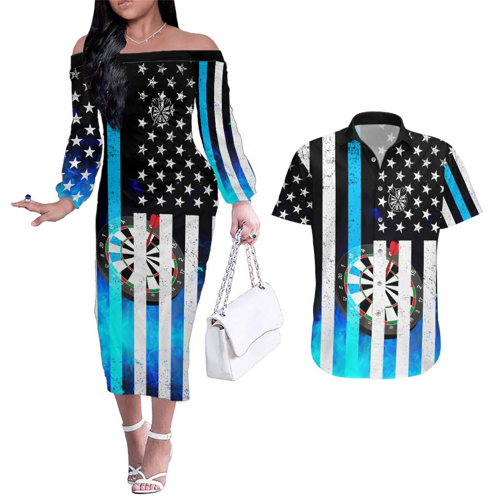 Personalized Blue Flame American Flag Dart Couples Matching Off The Shoulder Long Sleeve Dress and Hawaiian Shirt Patriotic Dartboard Design - Wonder Print Shop